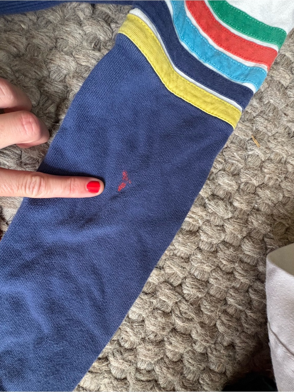 Boden Navy Hooded Sweatshirt with Multi-Color Stripe Sleeves - Picture 4 of 5